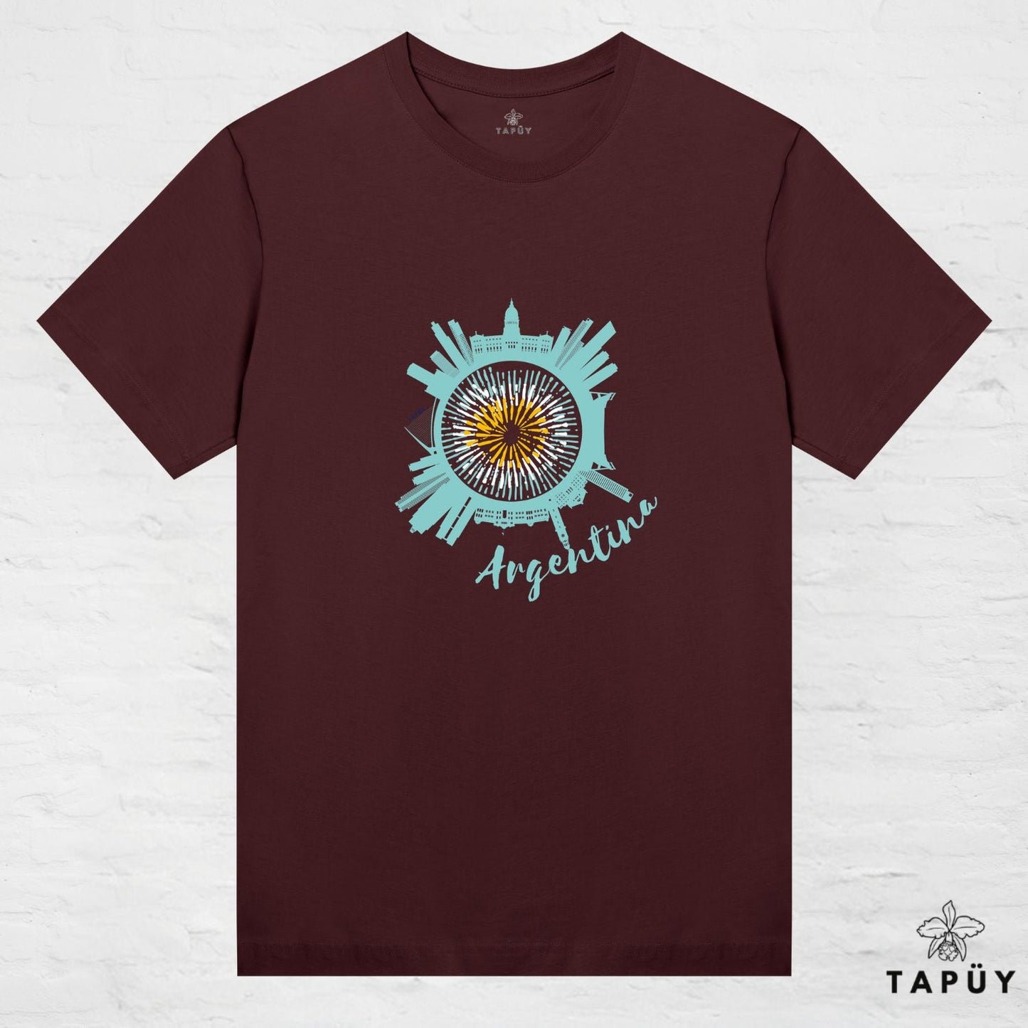 T-shirt femme - Argentine – Soleil national & skyline de Buenos Aires Marron Foncé / XS / women de la marque Tapüy